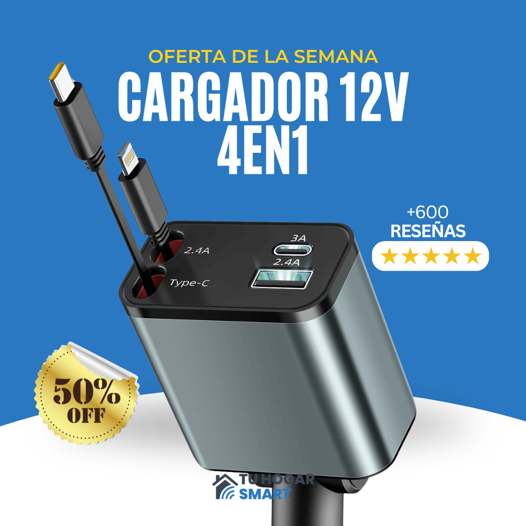 Cargador de Coche Retráctil 4 en 1 Adaptador 12V 20W TipoC USB